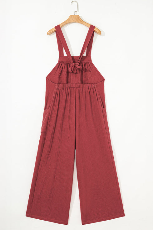 Boho Casual Knotted Back Strap Cotton Bib Front Wide Leg Jumpsuit